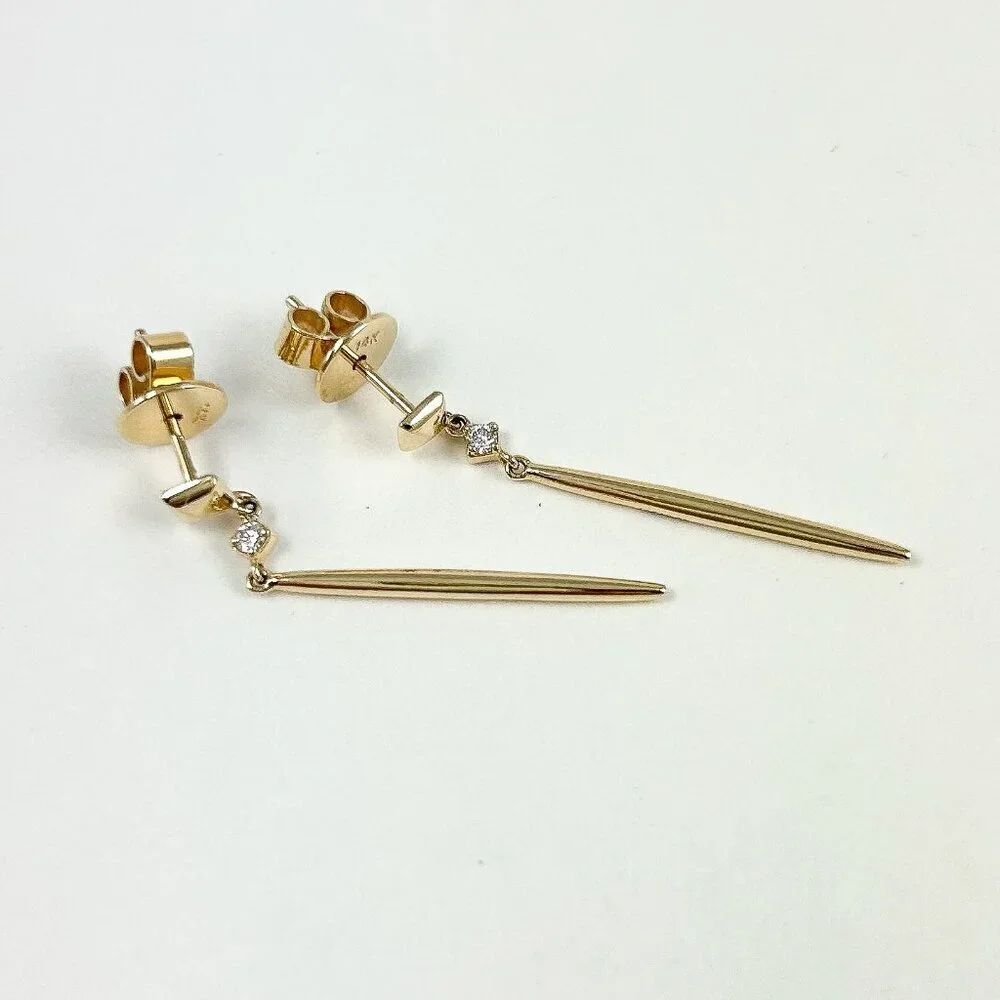 14k Yellow Gold Spike Dangle Earrings w/ Diamond, Post NWT .05ctw